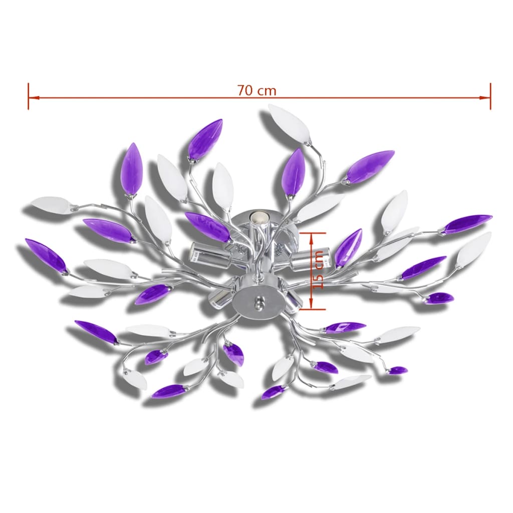 Ceiling lamp with purple and white crystal leaves, 5 x E14 bulbs