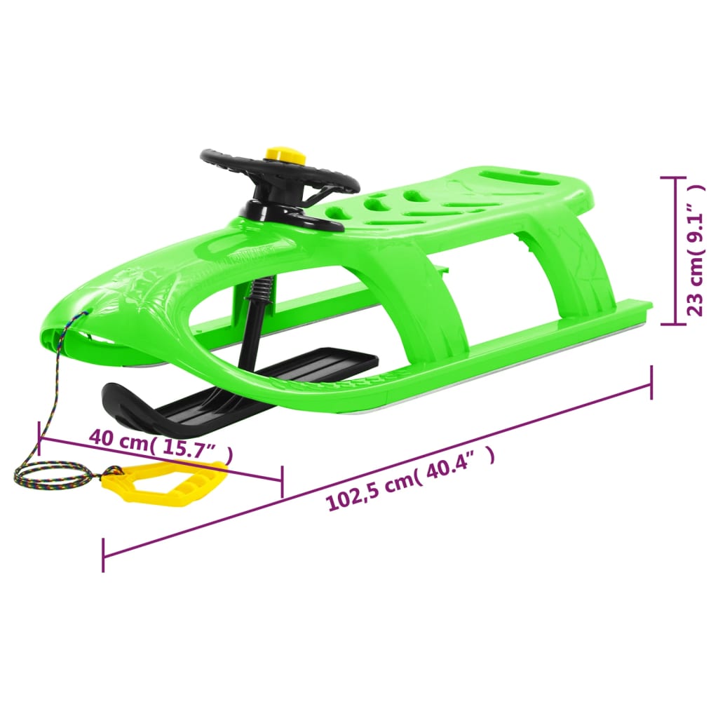 Sled with steering wheel, green, 102.5 x 40 x 23 cm, polypropylene