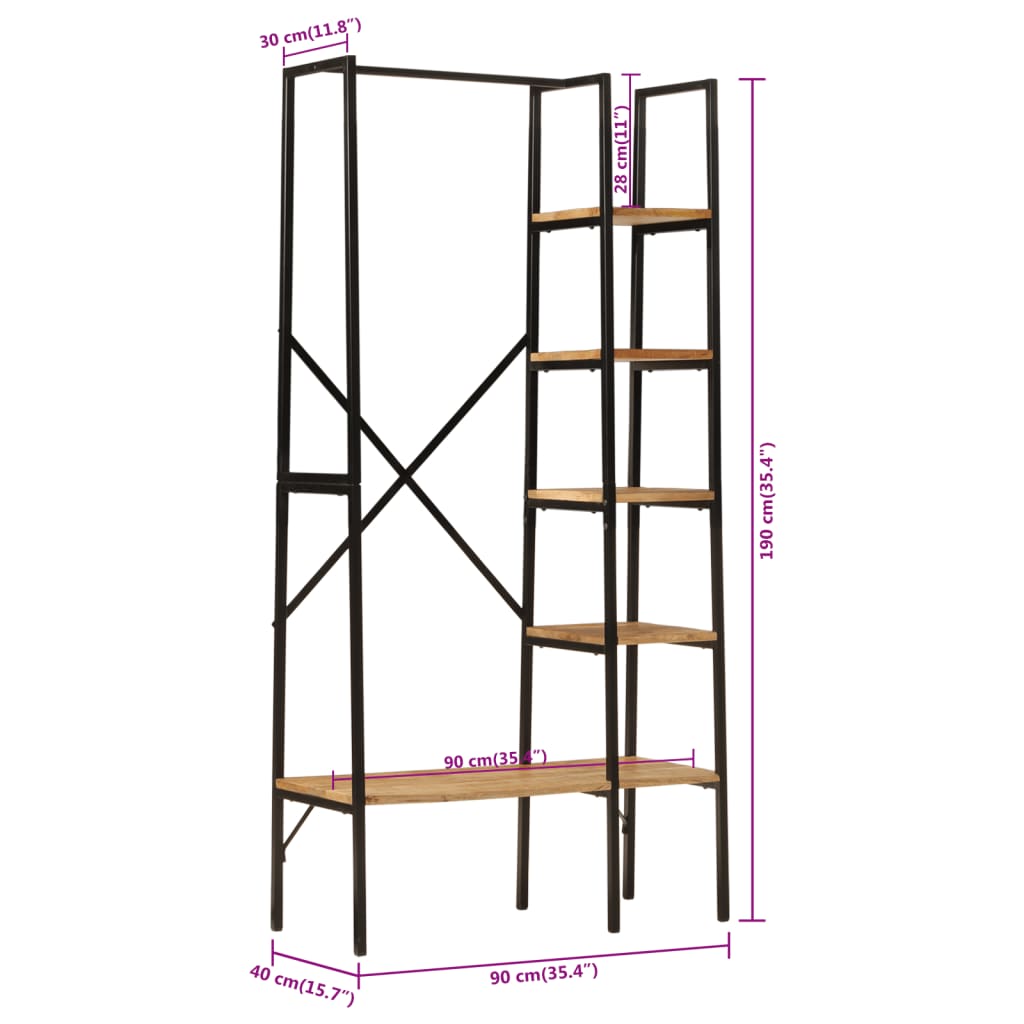Clothes rack with shelves, 90 x 40 x 190 cm, mango wood and iron