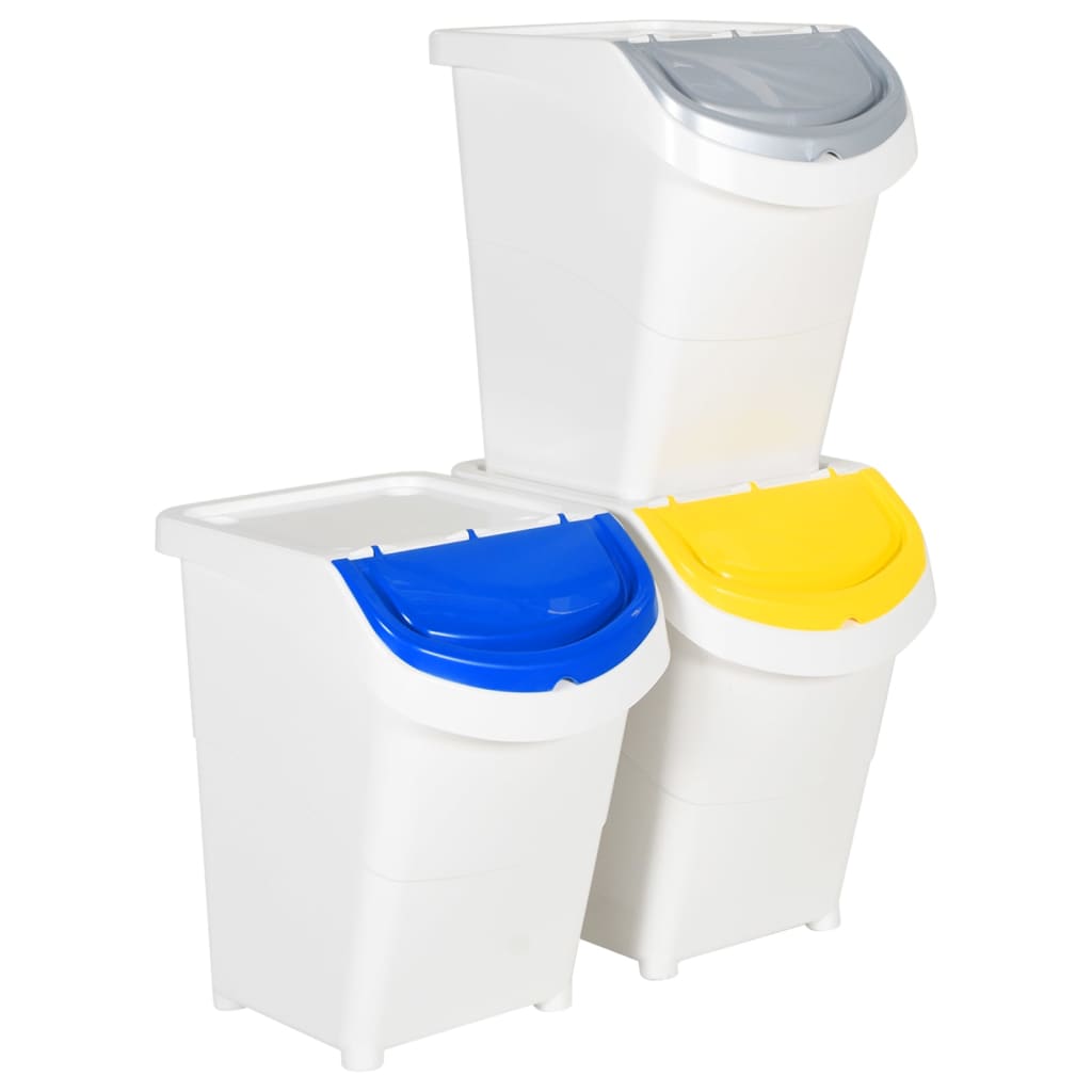 Stackable trash cans with lids 3 pcs., white, PP, 120 l