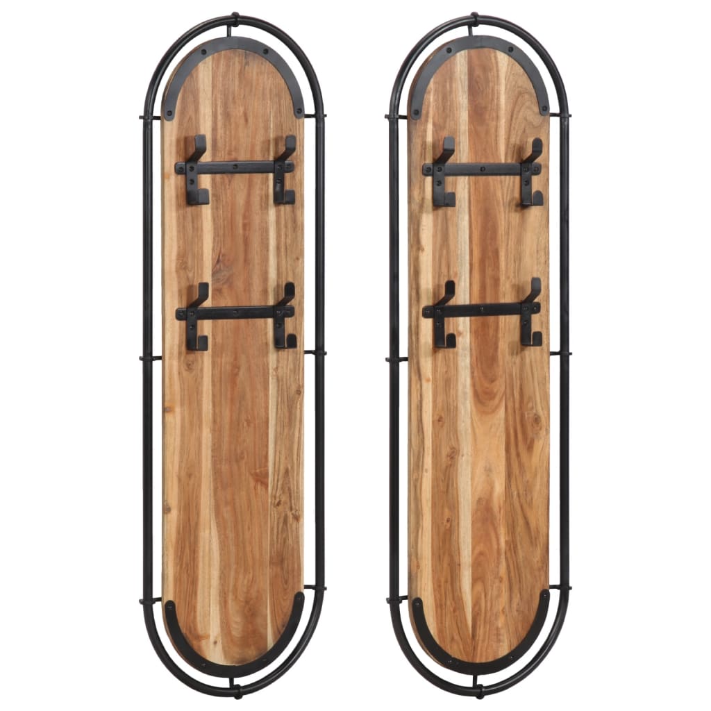 Wall-mounted clothes rack with 4 hooks, 2 pcs., acacia wood
