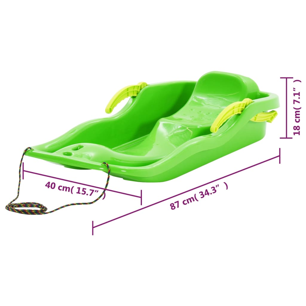 Sled with brakes, green, 87 x 40 x 18 cm, polypropylene