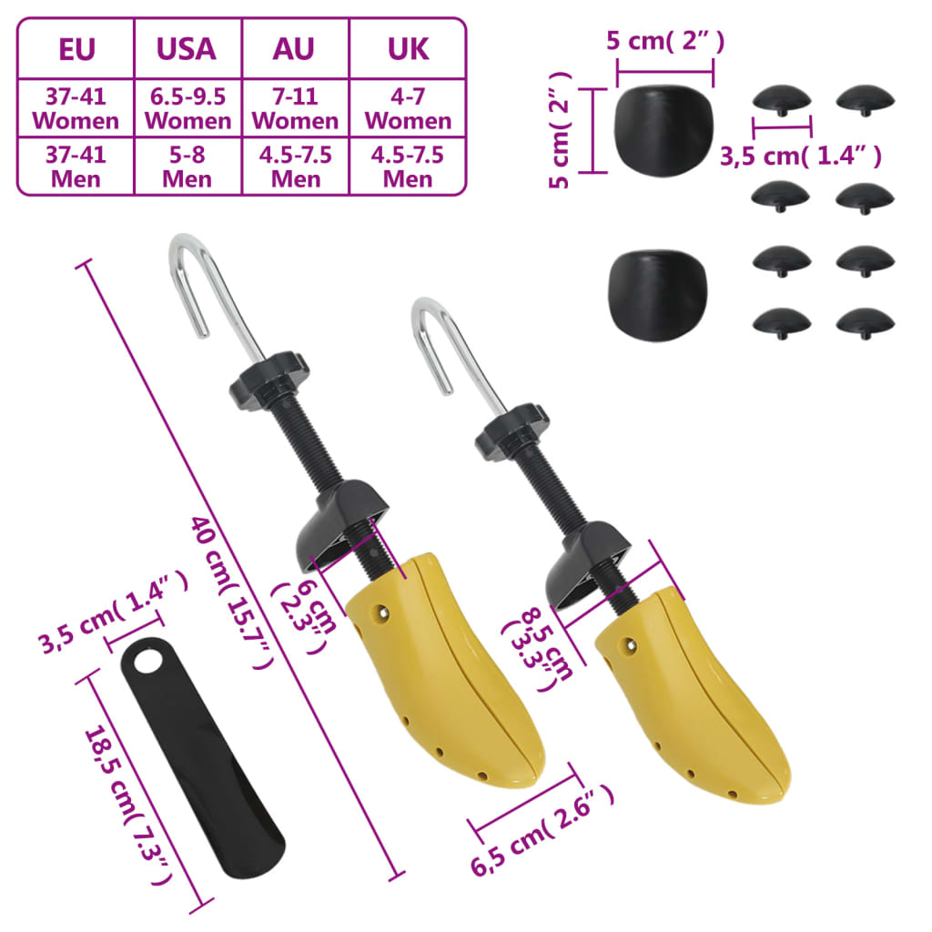 Shoe stretcher with shoe spoon, yellow, EU 37-41, plastic