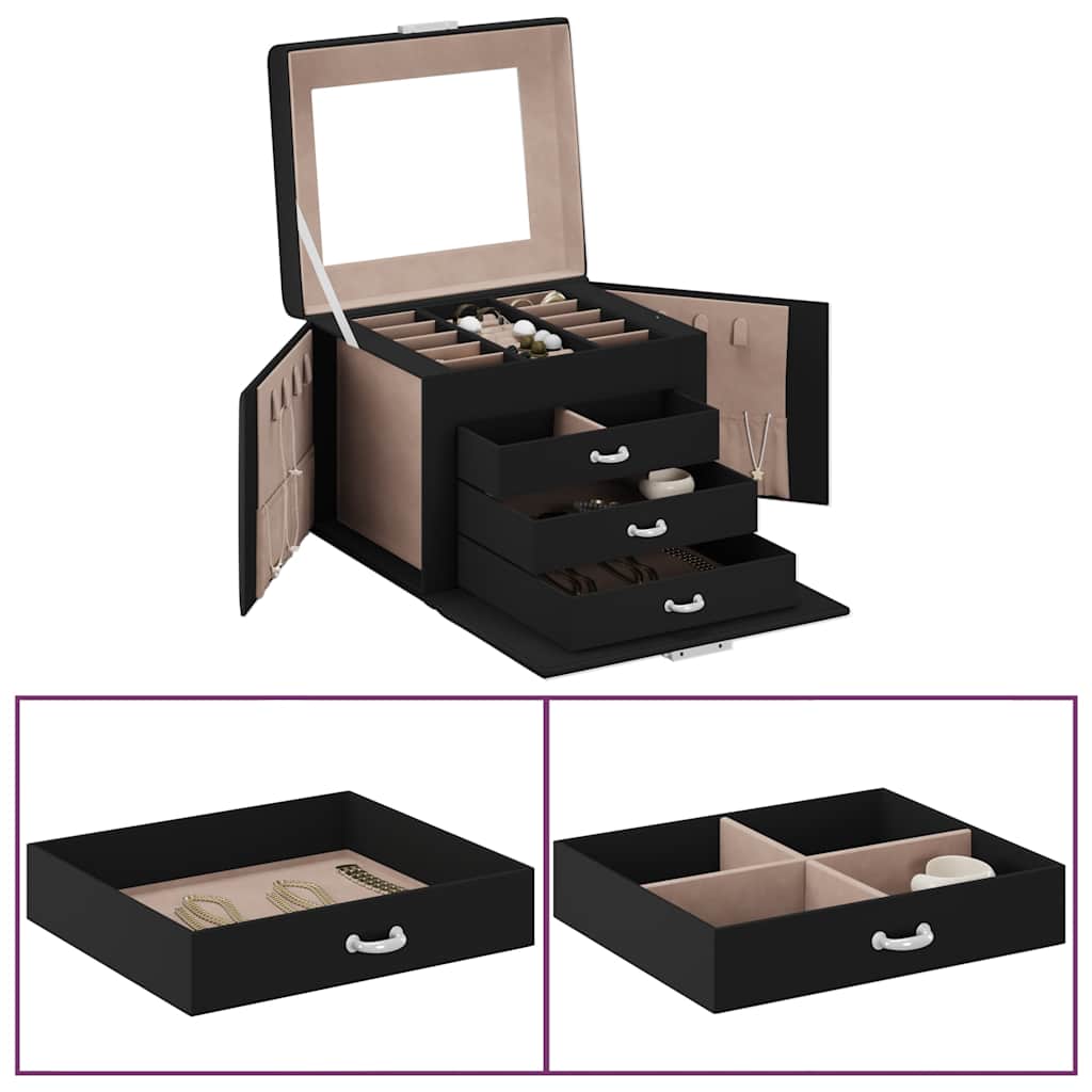 Jewelry box 4-layer with mirror, lockable, black, 22.5x17.5x16.5 cm