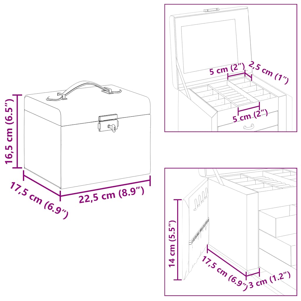 Jewelry box 4-layer with mirror, lockable, black, 22.5x17.5x16.5 cm