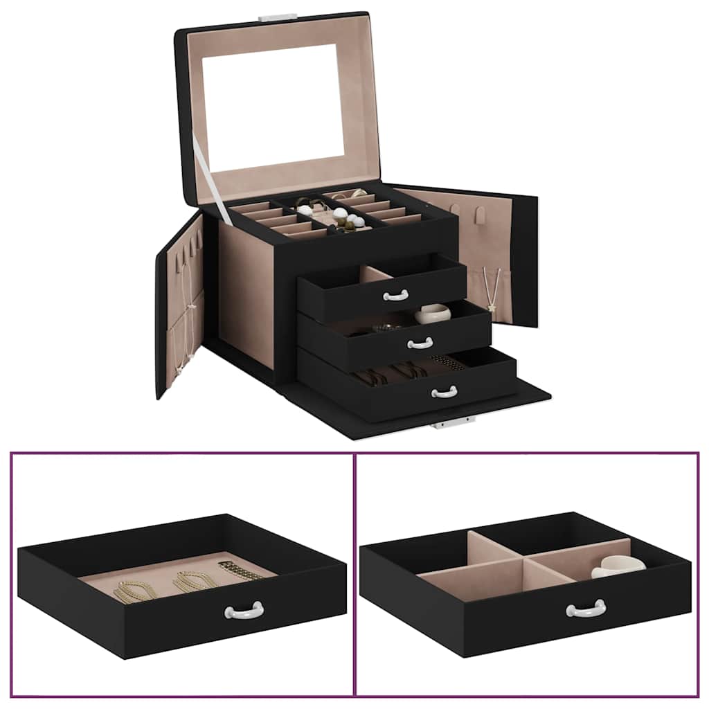Jewelry box 4-layer with mirror, lockable, black, 22.5x17.5x16.5 cm