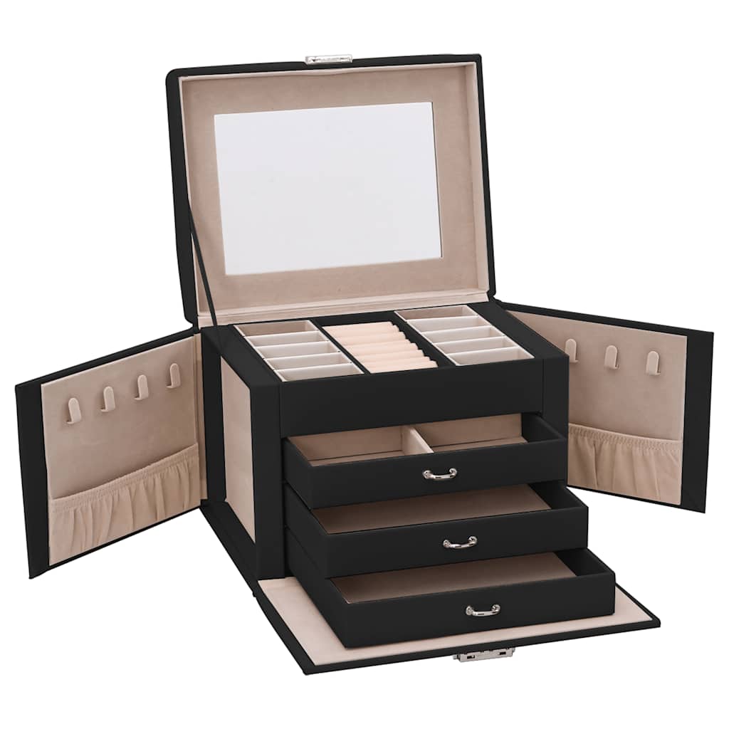 Jewelry box 4-layer with mirror, lockable, black, 22.5x17.5x16.5 cm