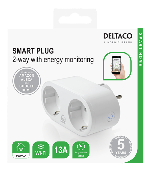 DELTACO SMART HOME switch, WiFi 2.4GHz, energy monitoring, 2xCEE 7 / 3, 13A, timer, white  /  SH-P02E