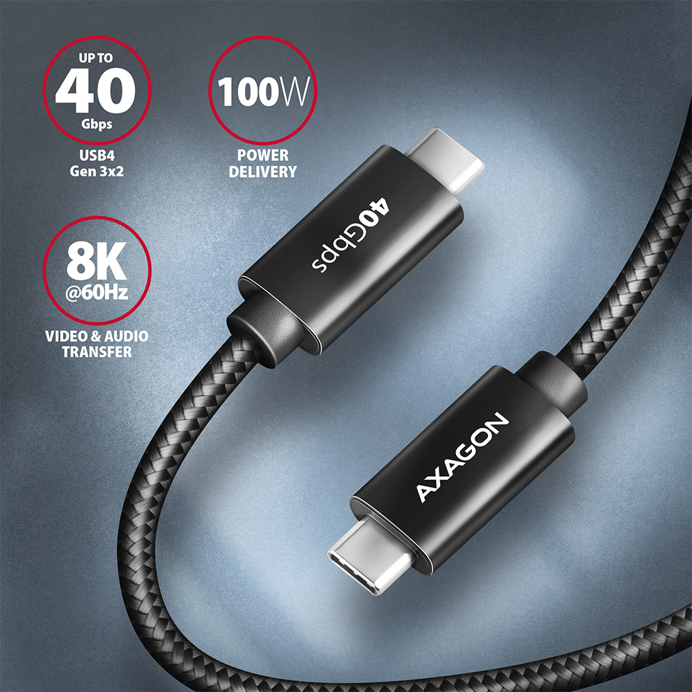 Axagon Data and charging USB4 Gen 3x2 cable length 1 m. PD 100W, 5A, 8K Full Ultra HD video. Black braided.