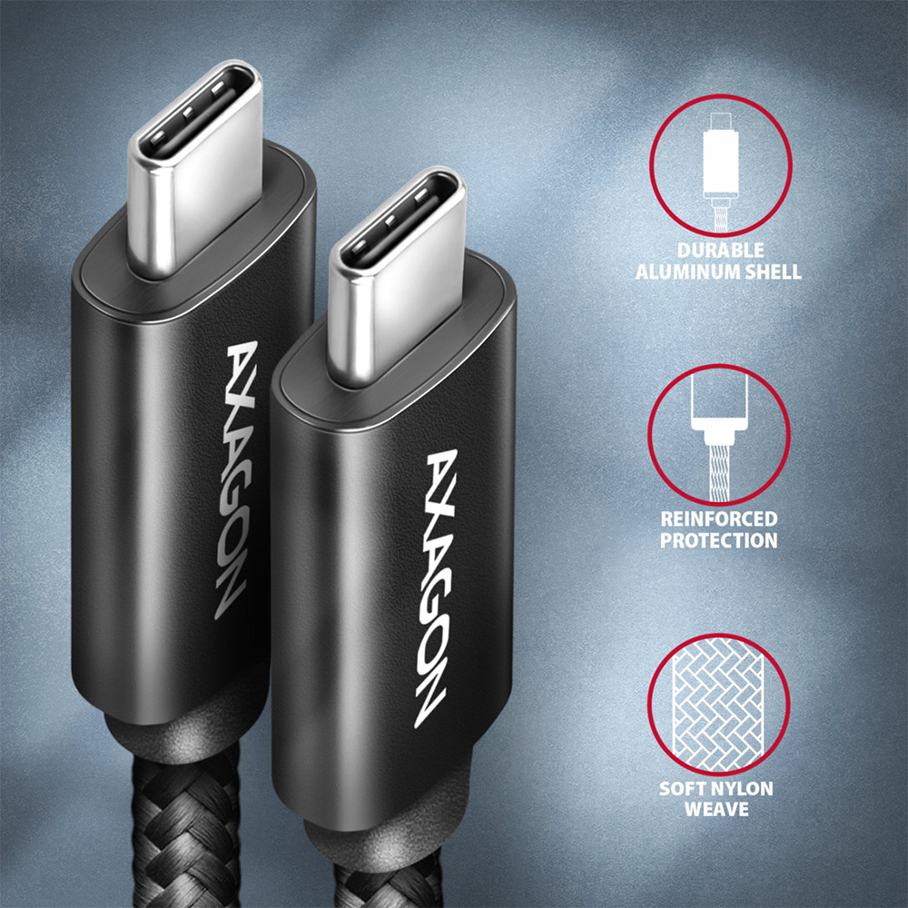 Axagon Data and charging USB4 Gen 3x2 cable length 1 m. PD 100W, 5A, 8K Full Ultra HD video. Black braided.