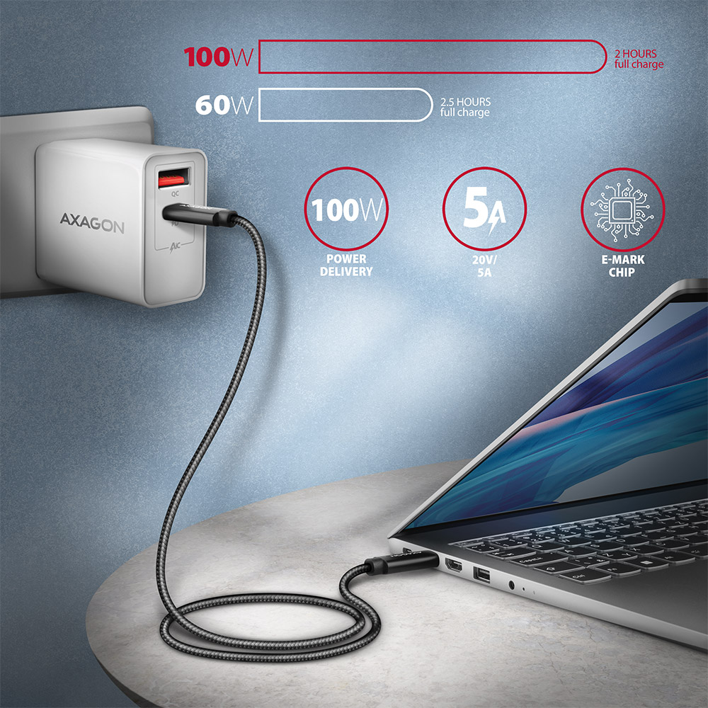 Axagon Data and charging USB4 Gen 3x2 cable length 1 m. PD 100W, 5A, 8K Full Ultra HD video. Black braided.