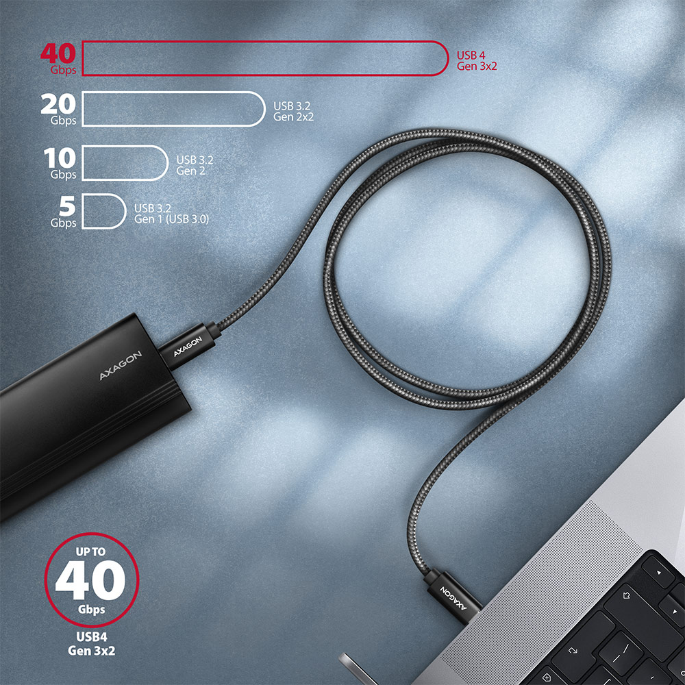 Axagon Data and charging USB4 Gen 3x2 cable length 1 m. PD 100W, 5A, 8K Full Ultra HD video. Black braided.