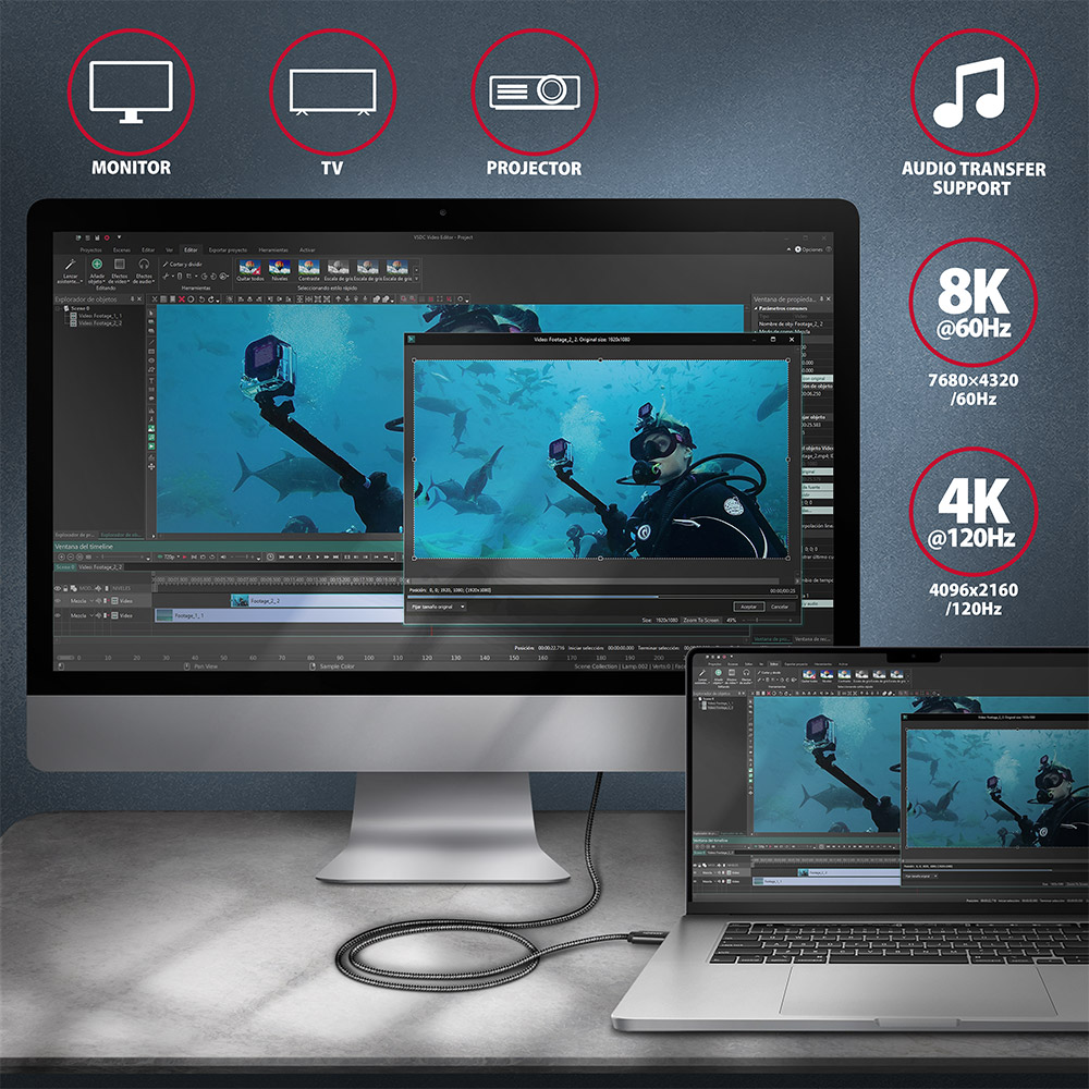 Axagon Data and charging USB4 Gen 3x2 cable length 1 m. PD 100W, 5A, 8K Full Ultra HD video. Black braided.