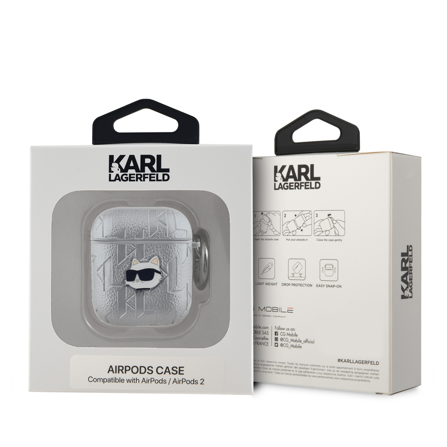 Karl Lagerfeld PU Embossed Choupette Head Case for AirPods 1 2 Silver